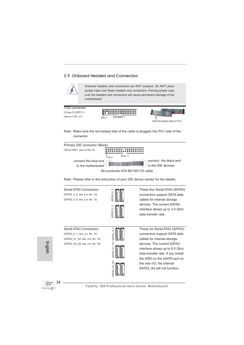 9 onboard headers and connectors, English | ASRock Fatal1ty Z68 Professional Gen3 User Manual | Page 34 / 317