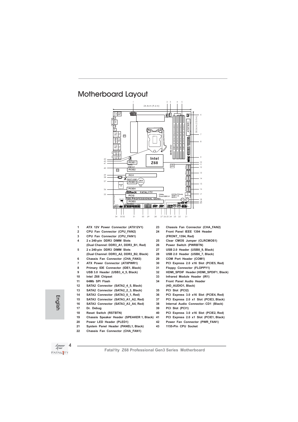 Motherboard layout, English, Atx12v1 | Hdled reset pled pwrbtn, Clrcmos1 audio codec, Speaker1 pled1, Fatal1ty z68 professional gen3 series motherboard, Intel z68 | ASRock Fatal1ty Z68 Professional Gen3 User Manual | Page 4 / 317