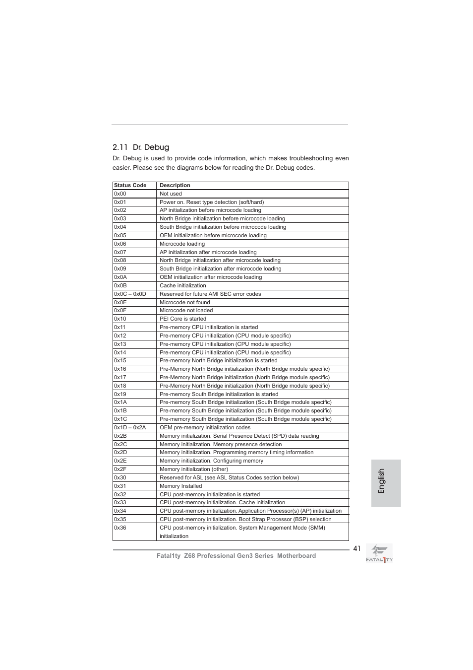 11 dr. debug, English | ASRock Fatal1ty Z68 Professional Gen3 User Manual | Page 41 / 317