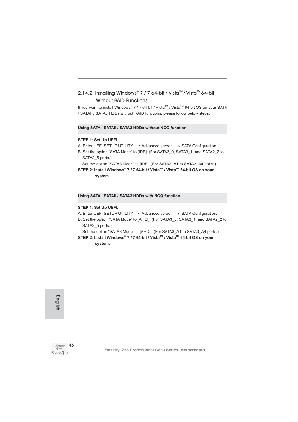 2 installing windows, 7 / 7 64-bit / vista, Vista | Bit without raid functions, English | ASRock Fatal1ty Z68 Professional Gen3 User Manual | Page 46 / 317