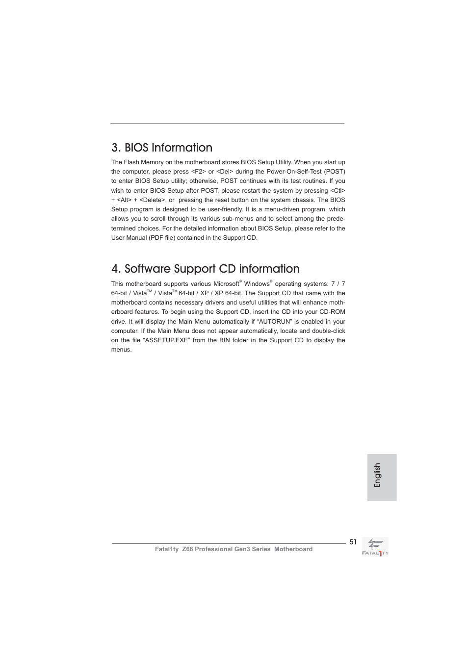 Bios information, Software support cd information, English | ASRock Fatal1ty Z68 Professional Gen3 User Manual | Page 51 / 317