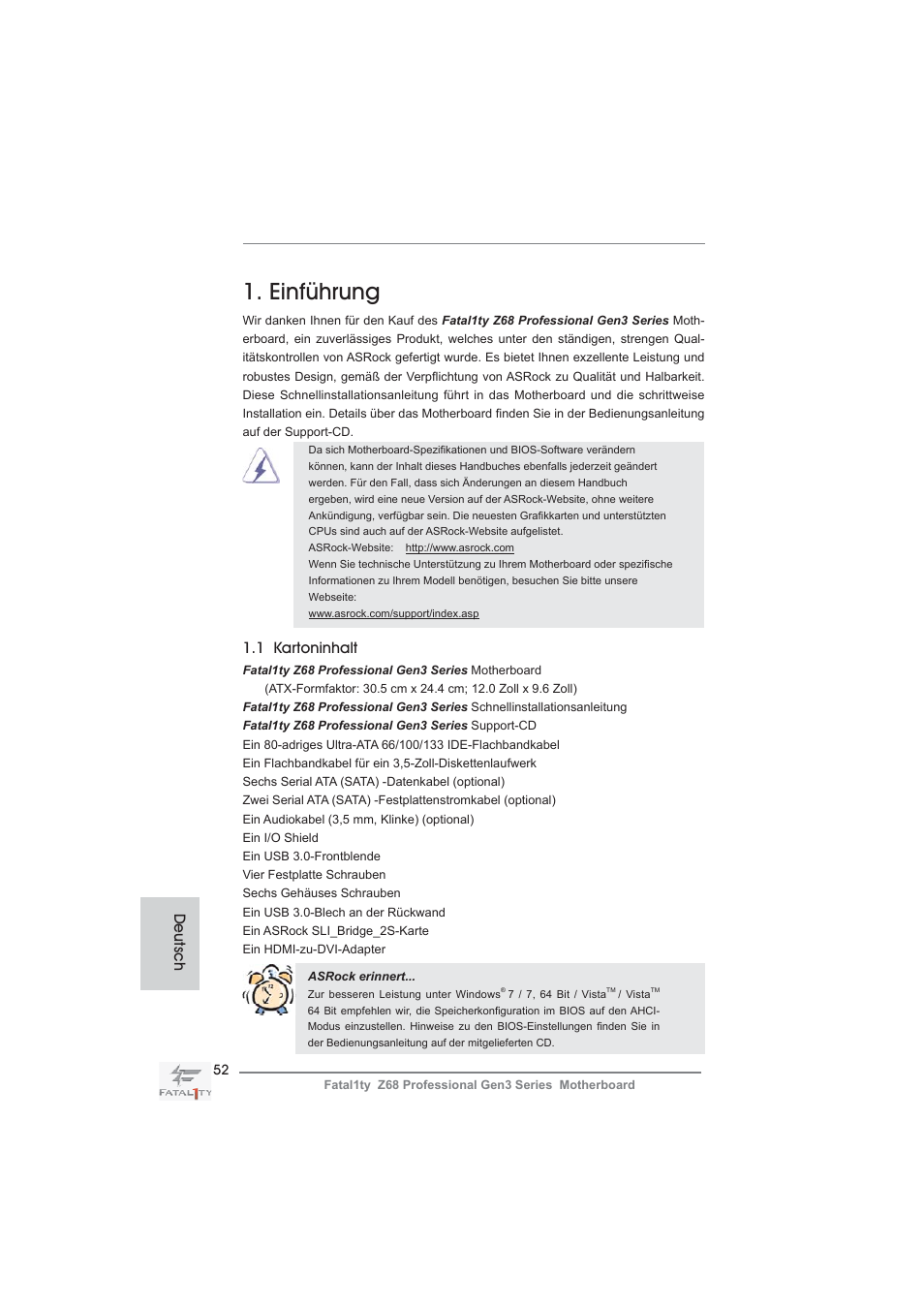 German, Einführung, 1 kartoninhalt | Deutsch | ASRock Fatal1ty Z68 Professional Gen3 User Manual | Page 52 / 317