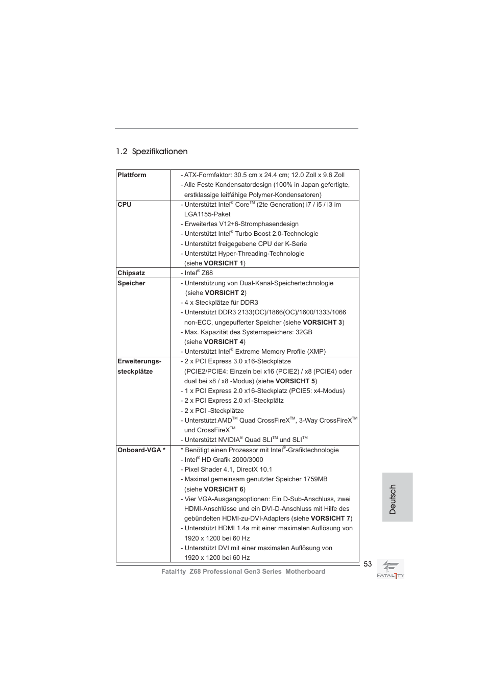 2 spezifikationen, Deutsch | ASRock Fatal1ty Z68 Professional Gen3 User Manual | Page 53 / 317