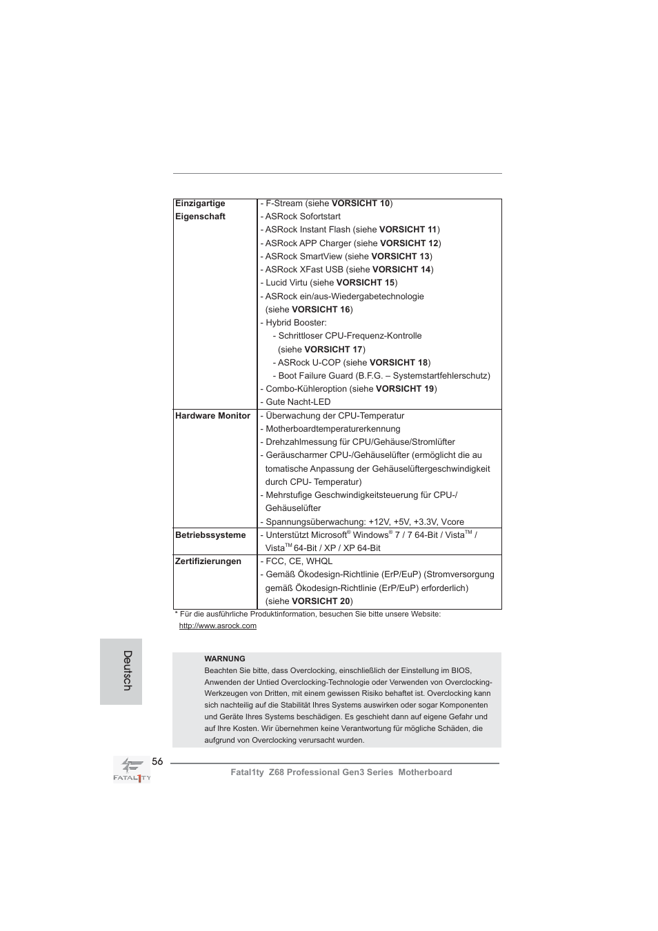 Deutsch | ASRock Fatal1ty Z68 Professional Gen3 User Manual | Page 56 / 317