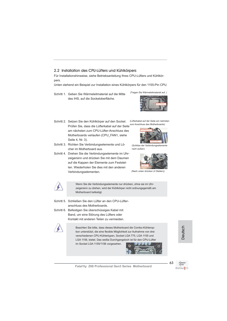 2 installation des cpu-lüfters und kühlkörpers, Deutsch | ASRock Fatal1ty Z68 Professional Gen3 User Manual | Page 63 / 317