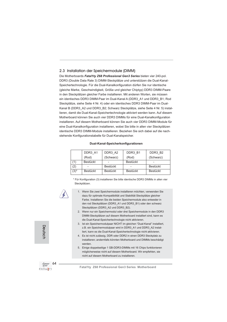 3 installation der speichermodule (dimm), Deutsch | ASRock Fatal1ty Z68 Professional Gen3 User Manual | Page 64 / 317