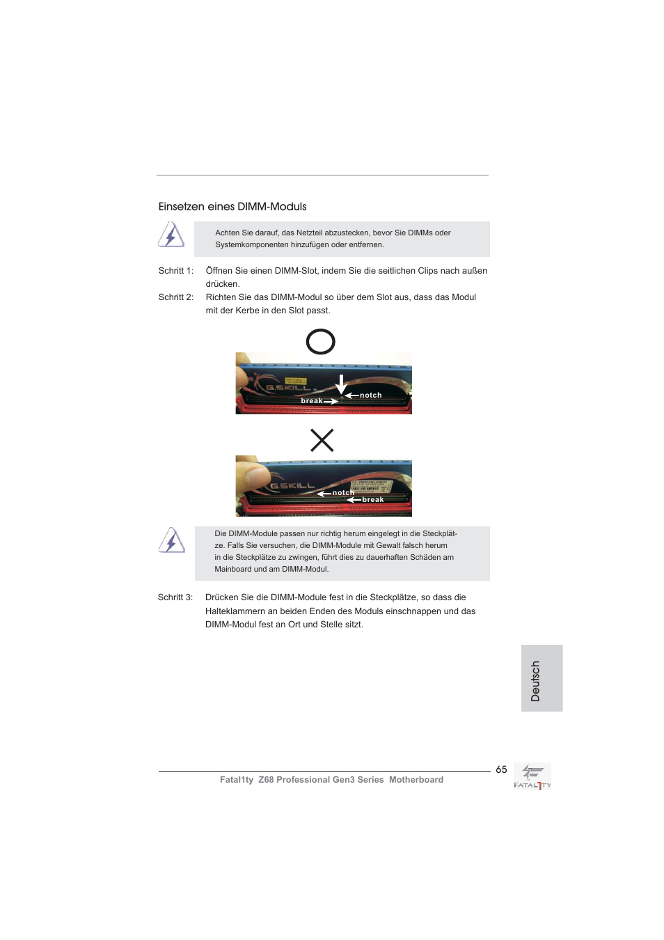 Einsetzen eines dimm-moduls, Deutsch | ASRock Fatal1ty Z68 Professional Gen3 User Manual | Page 65 / 317