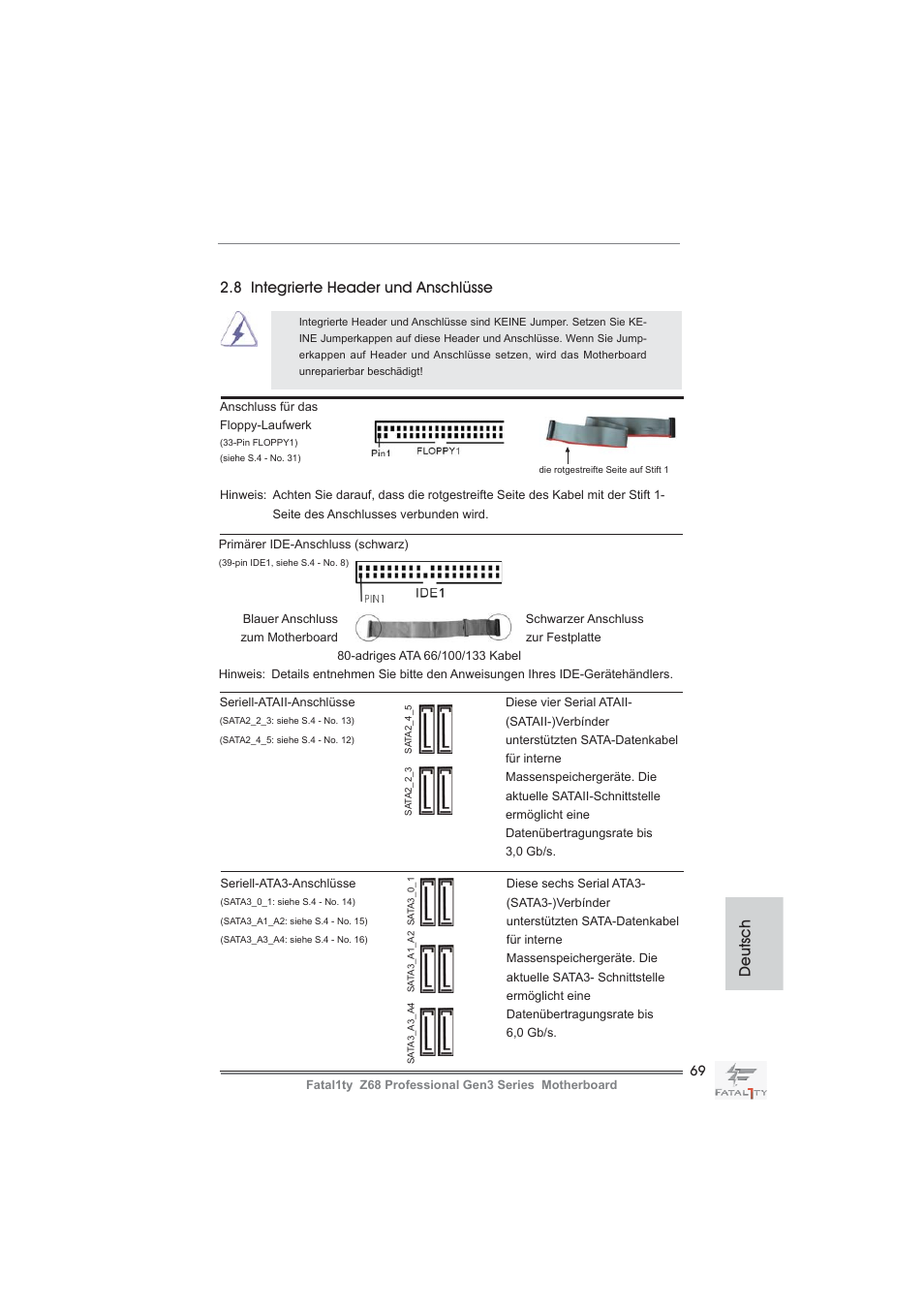 8 integrierte header und anschlüsse, Deutsch | ASRock Fatal1ty Z68 Professional Gen3 User Manual | Page 69 / 317