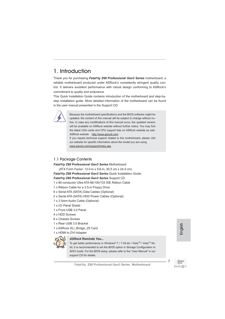 Introduction, 1 package contents, English | ASRock Fatal1ty Z68 Professional Gen3 User Manual | Page 7 / 317