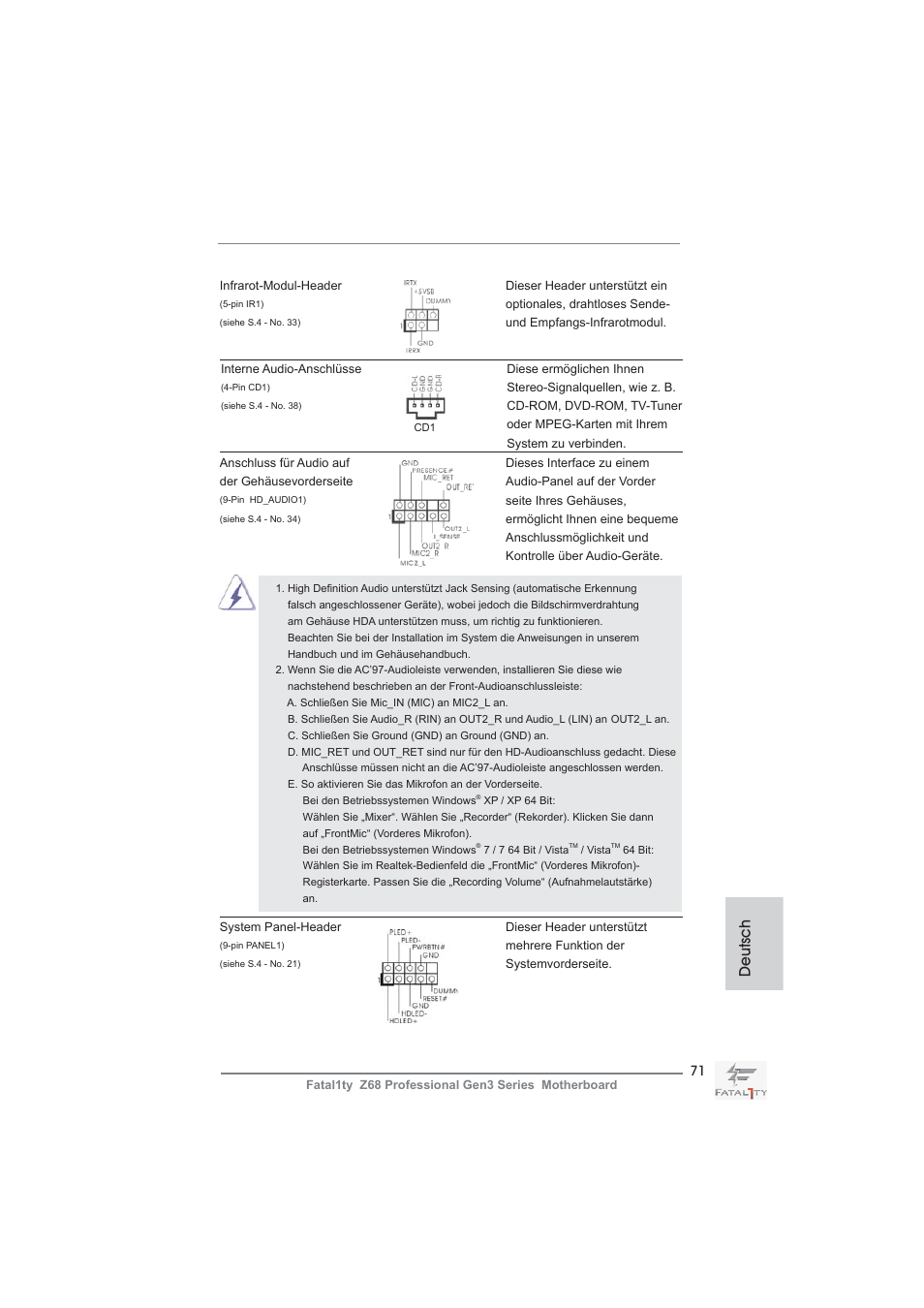 Deutsch | ASRock Fatal1ty Z68 Professional Gen3 User Manual | Page 71 / 317