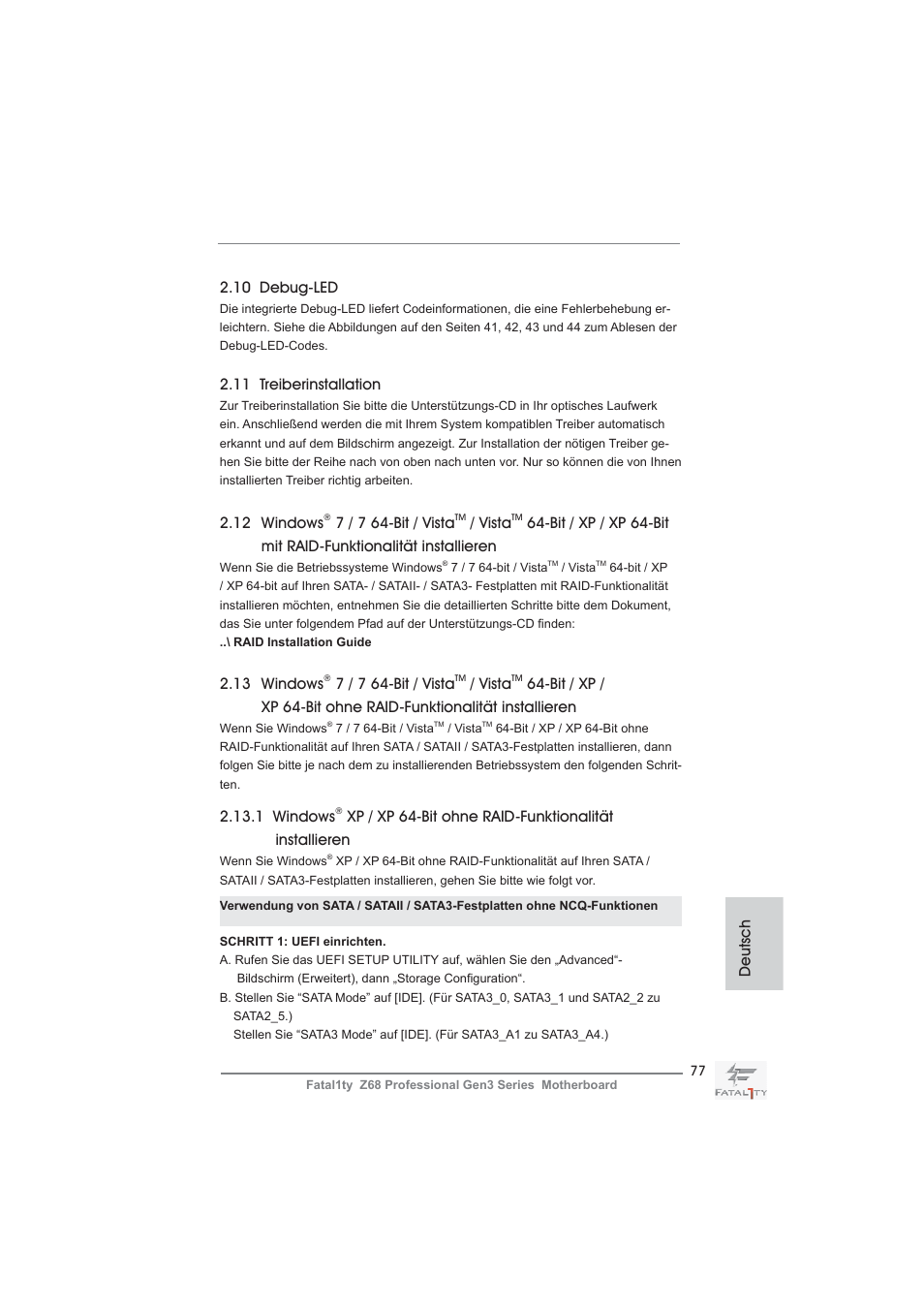 13 windows, 7 / 7 64-bit / vista, Vista | 11 treiberinstallation, 1 windows, 12 windows, 10 debug-led, Deutsch | ASRock Fatal1ty Z68 Professional Gen3 User Manual | Page 77 / 317