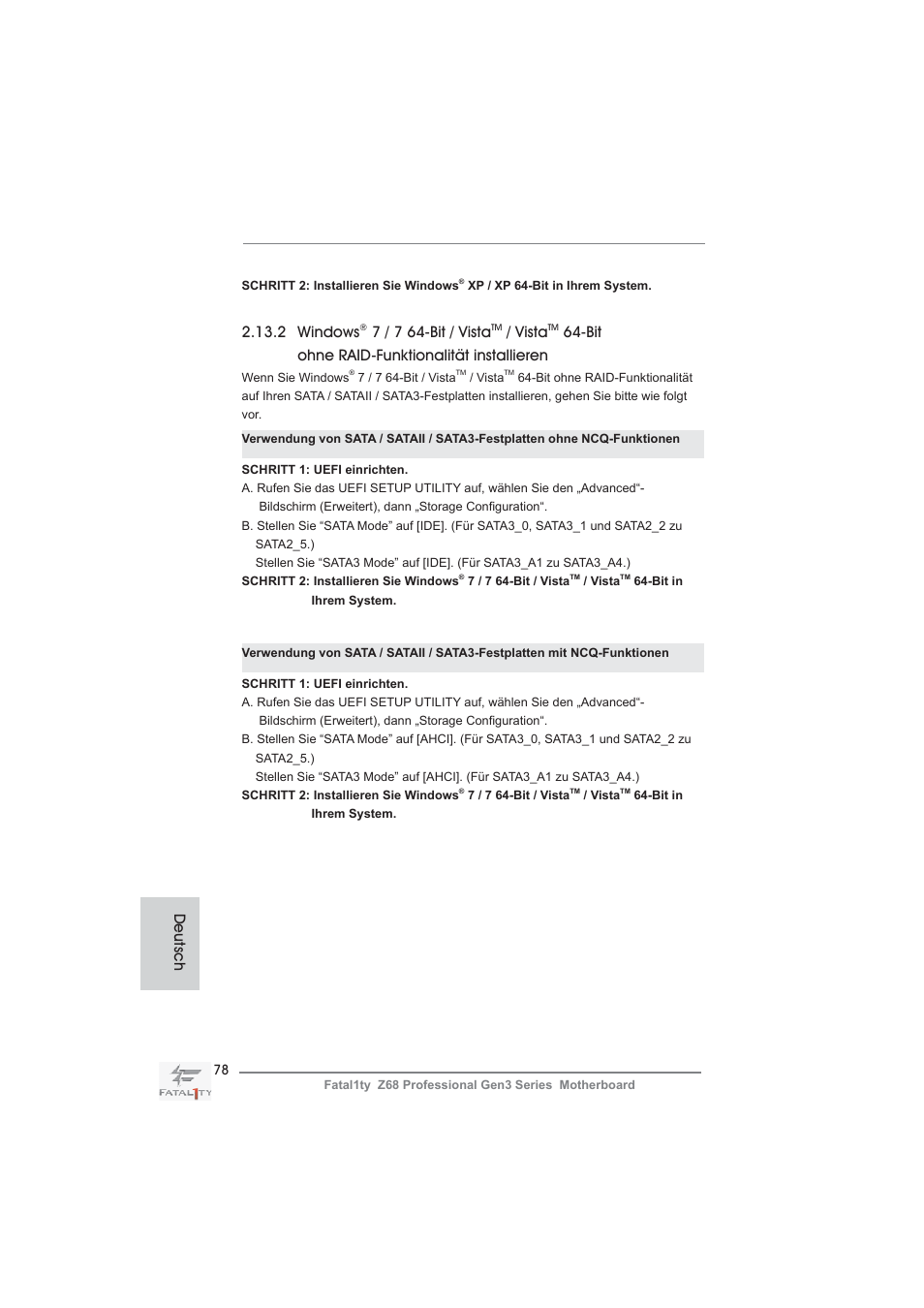 2 windows, 7 / 7 64-bit / vista, Vista | Bit ohne raid-funktionalität installieren, Deutsch | ASRock Fatal1ty Z68 Professional Gen3 User Manual | Page 78 / 317