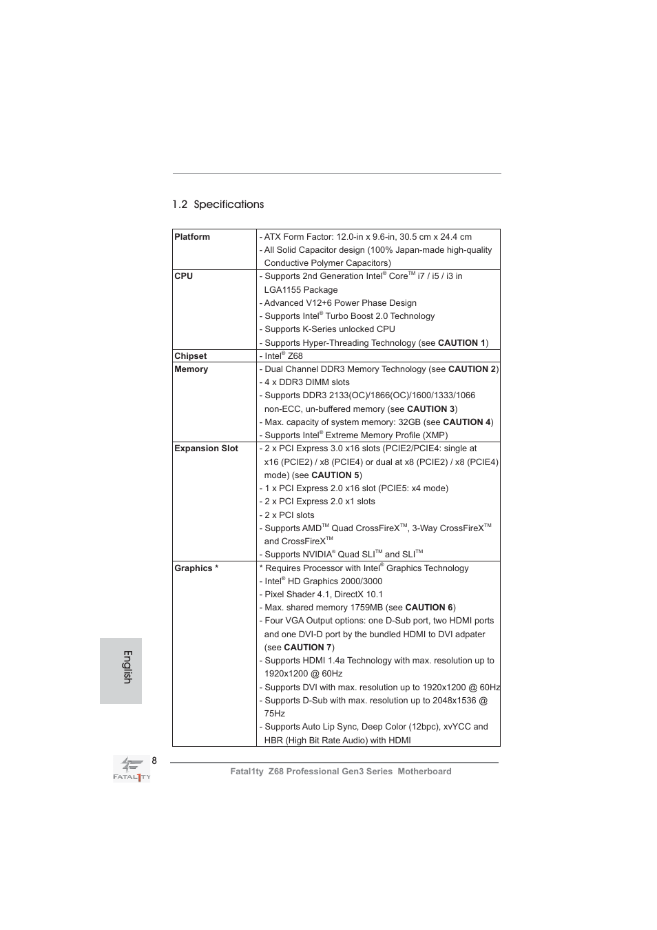 English 1.2 specifications | ASRock Fatal1ty Z68 Professional Gen3 User Manual | Page 8 / 317