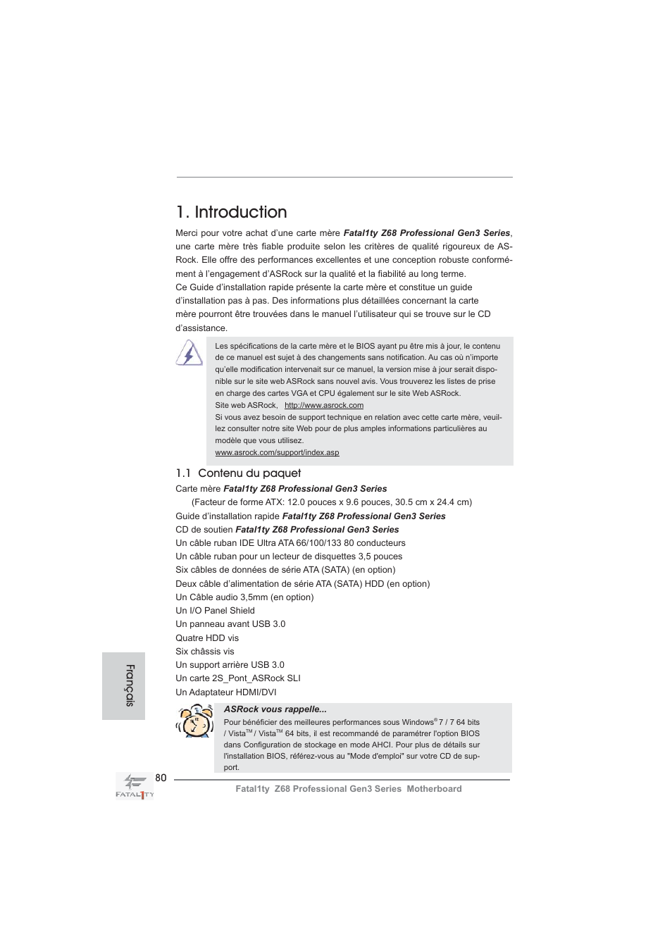 French, Introduction, 1 contenu du paquet | Français | ASRock Fatal1ty Z68 Professional Gen3 User Manual | Page 80 / 317