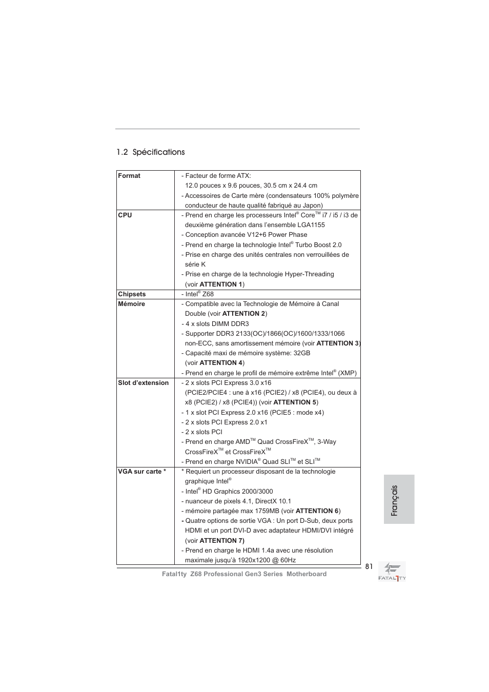 Français 1.2 spécifications | ASRock Fatal1ty Z68 Professional Gen3 User Manual | Page 81 / 317