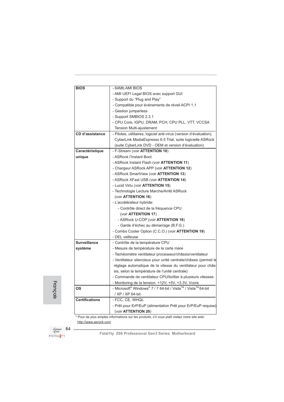 Français | ASRock Fatal1ty Z68 Professional Gen3 User Manual | Page 84 / 317