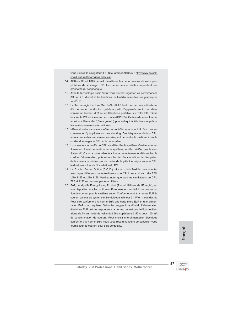 Français | ASRock Fatal1ty Z68 Professional Gen3 User Manual | Page 87 / 317