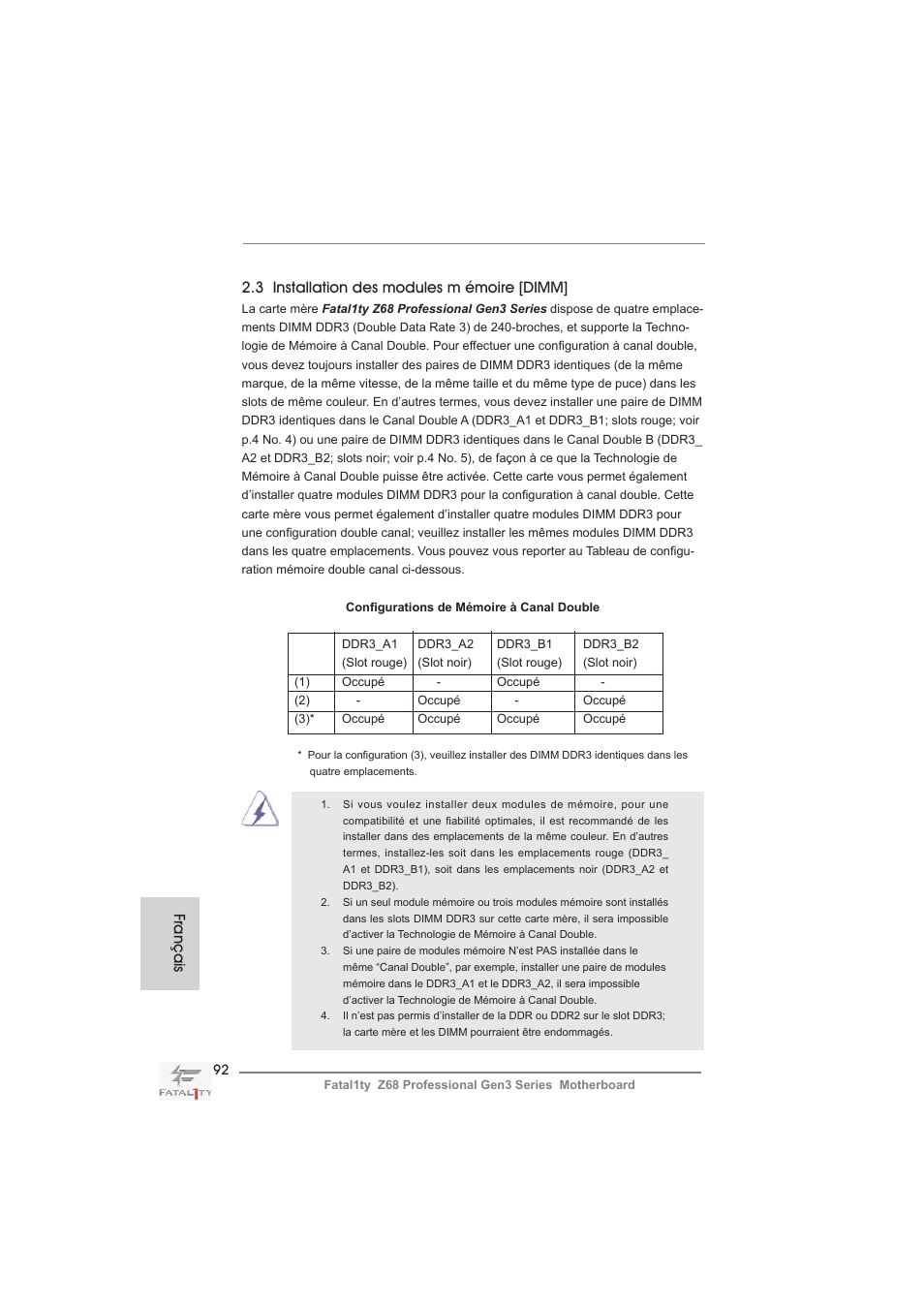 3 installation des modules m émoire [dimm, Français | ASRock Fatal1ty Z68 Professional Gen3 User Manual | Page 92 / 317