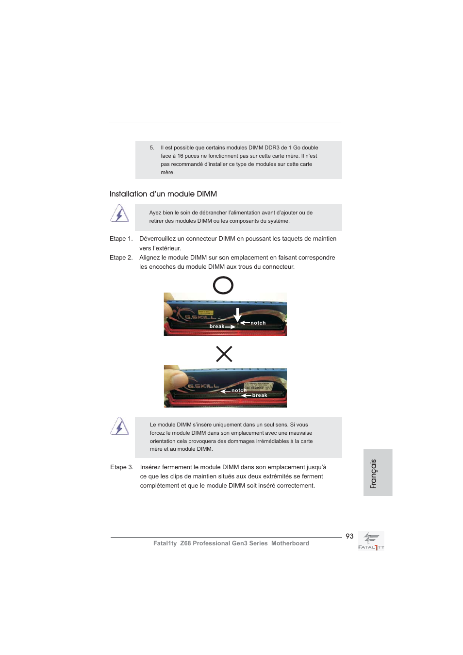 Installation d’un module dimm, Français | ASRock Fatal1ty Z68 Professional Gen3 User Manual | Page 93 / 317