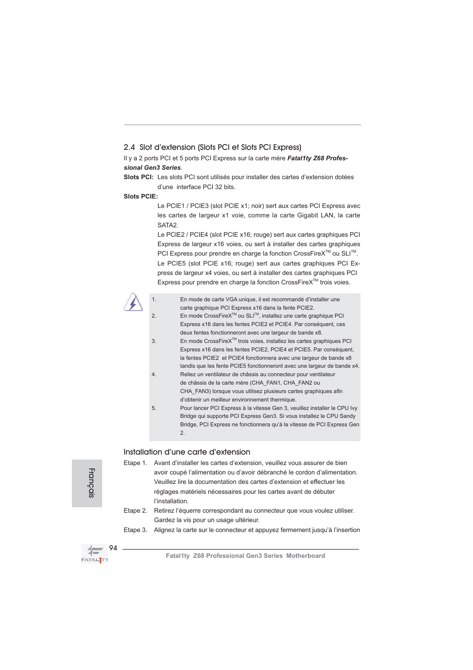 Installation d’une carte d’extension, Français | ASRock Fatal1ty Z68 Professional Gen3 User Manual | Page 94 / 317