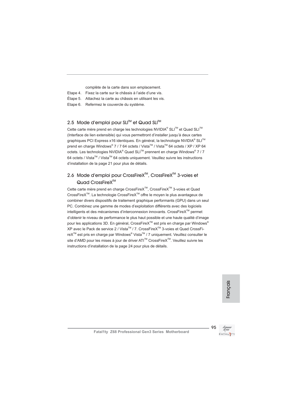 5 mode d’emploi pour sli, Et quad sli, 6 mode d’emploi pour crossfirex | Crossfirex, Voies et quad crossfirex, Français | ASRock Fatal1ty Z68 Professional Gen3 User Manual | Page 95 / 317