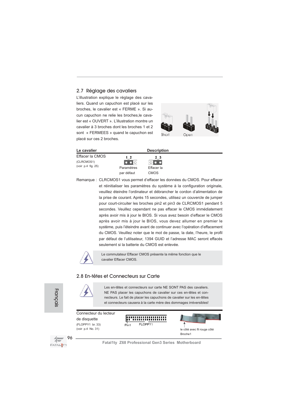 7 réglage des cavaliers, 8 en-têtes et connecteurs sur carte, Français | ASRock Fatal1ty Z68 Professional Gen3 User Manual | Page 96 / 317