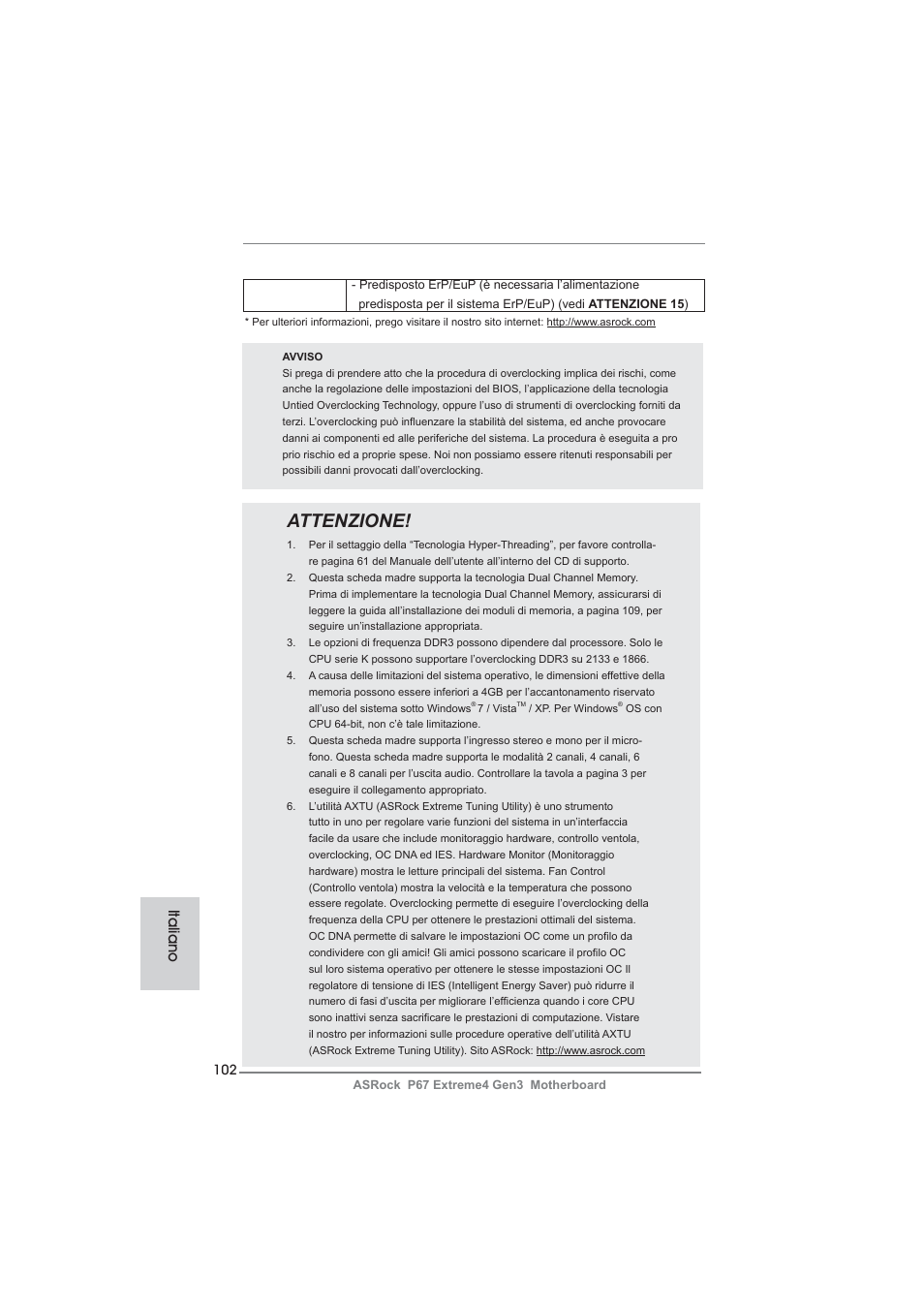 Attenzione, Italiano | ASRock P67 Extreme4 Gen3 User Manual | Page 102 / 304