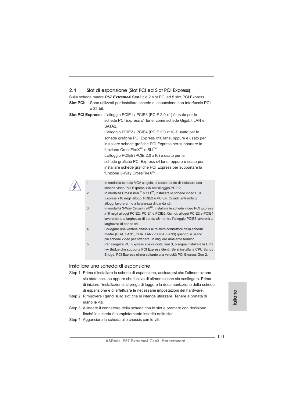 Installare una scheda di espansione, Italiano | ASRock P67 Extreme4 Gen3 User Manual | Page 111 / 304