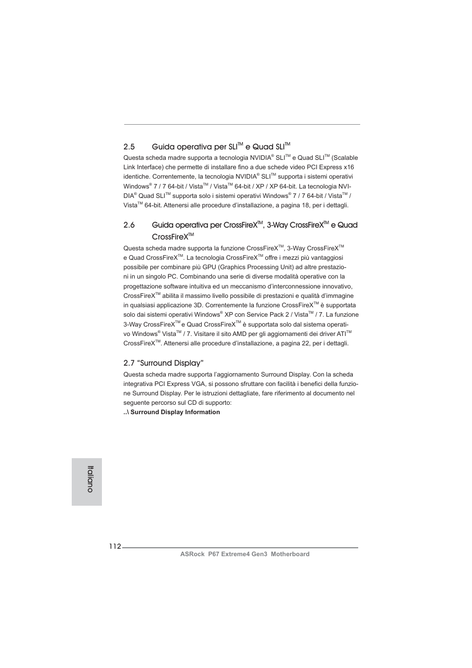 5 guida operativa per sli, E quad sli, 6 guida operativa per crossfirex | Way crossfirex, E quad crossfirex, 7 “surround display, Italiano | ASRock P67 Extreme4 Gen3 User Manual | Page 112 / 304