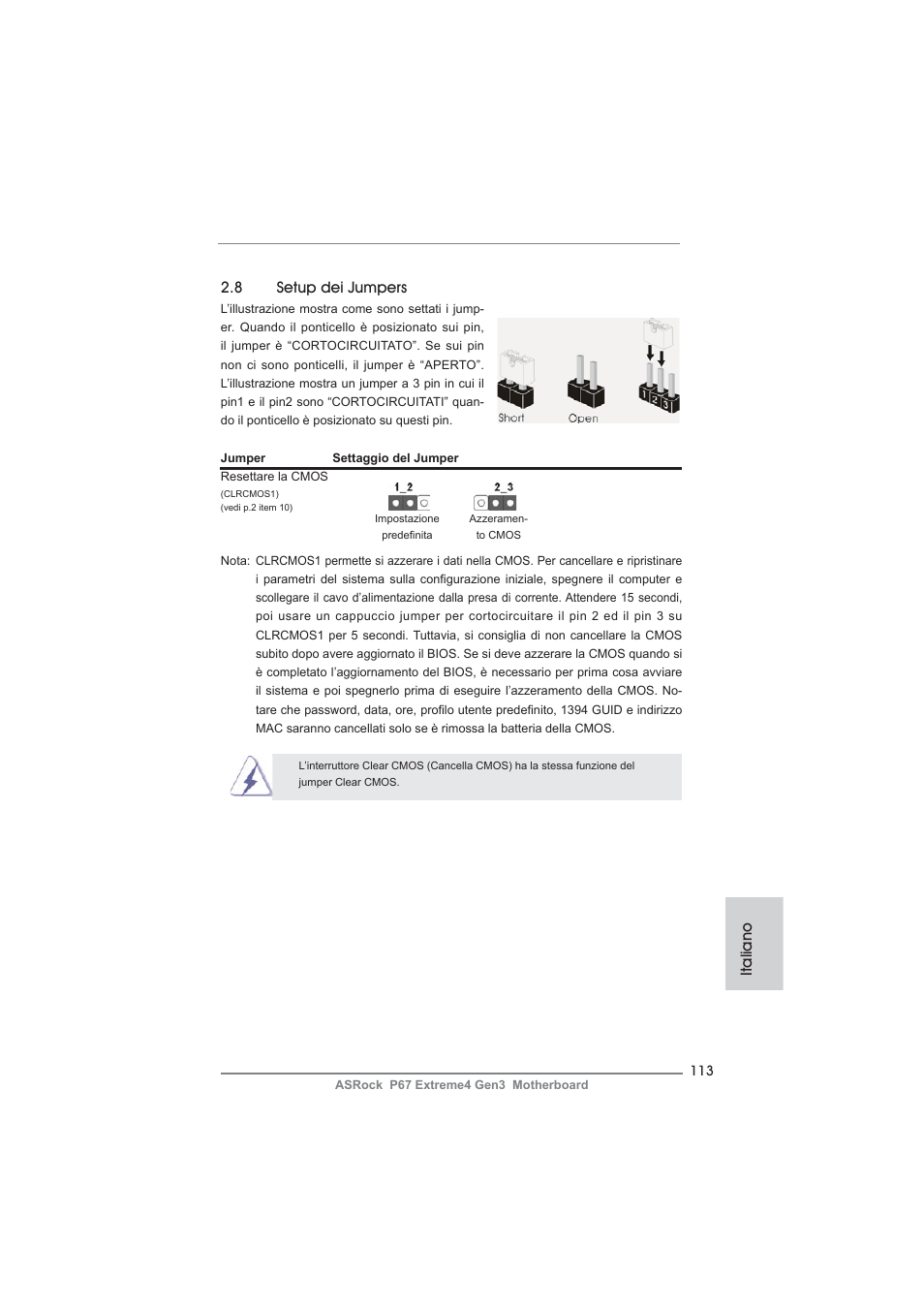 8 setup dei jumpers, Italiano | ASRock P67 Extreme4 Gen3 User Manual | Page 113 / 304