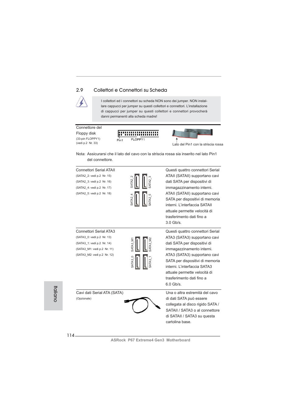 9 collettori e connettori su scheda, Italiano | ASRock P67 Extreme4 Gen3 User Manual | Page 114 / 304