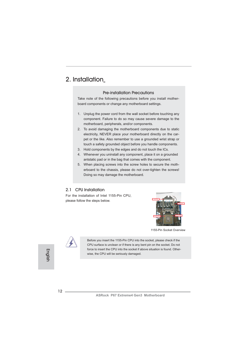 Installation, Pre-installation precautions, 1 cpu installation | English | ASRock P67 Extreme4 Gen3 User Manual | Page 12 / 304