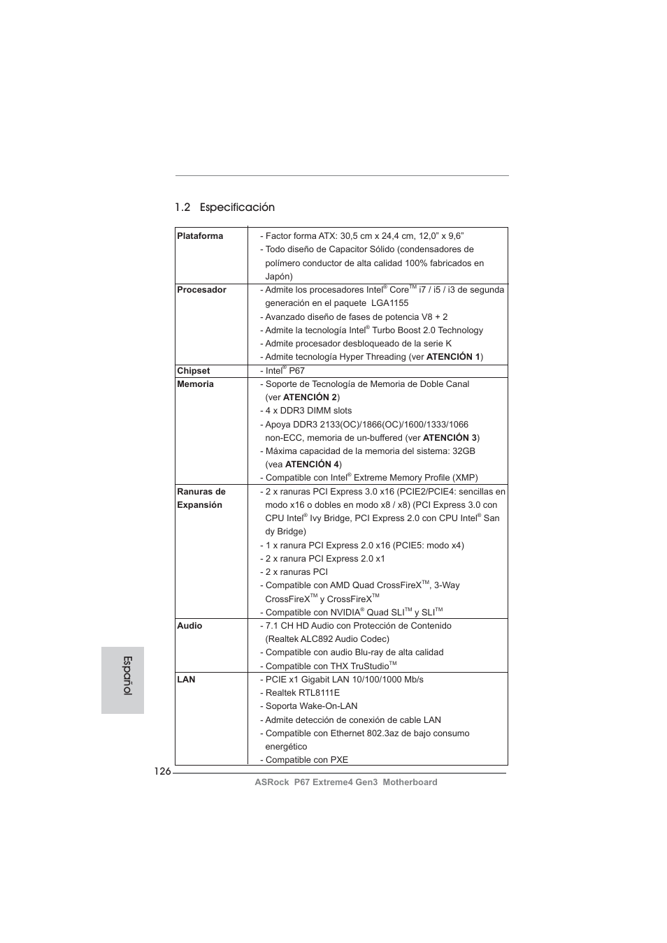 2 especificación, Español | ASRock P67 Extreme4 Gen3 User Manual | Page 126 / 304