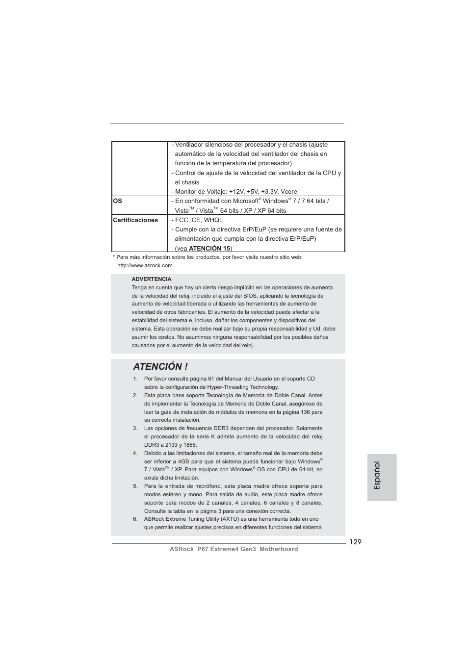 Atención, Español | ASRock P67 Extreme4 Gen3 User Manual | Page 129 / 304