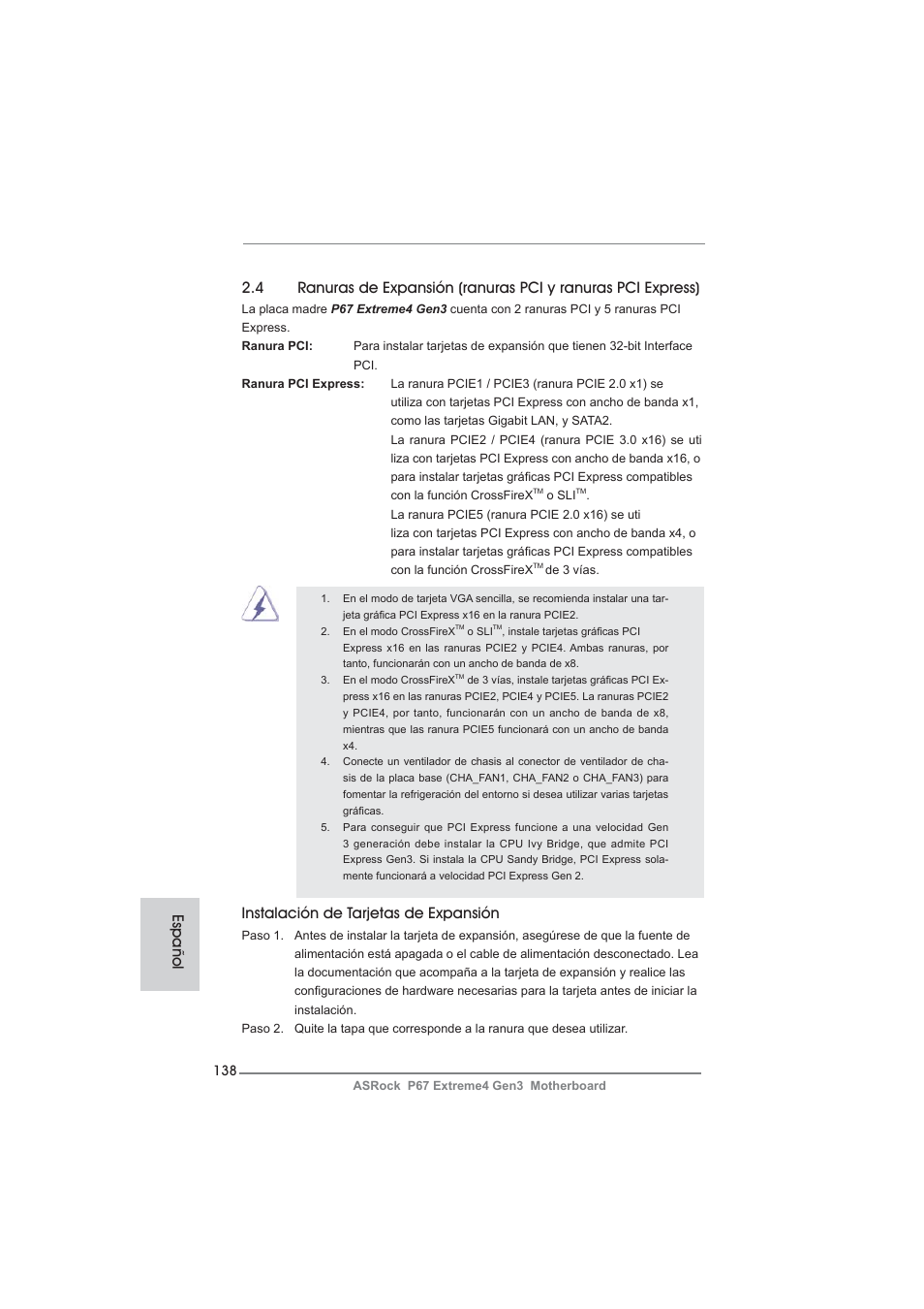 Instalación de tarjetas de expansión, Español | ASRock P67 Extreme4 Gen3 User Manual | Page 138 / 304