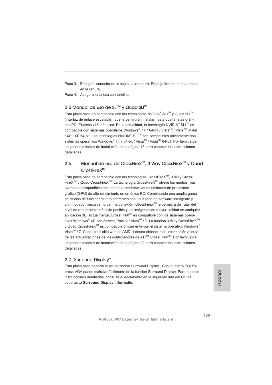 5 manual de uso de sli, Y quad sli, 6 manual de uso de crossfirex | Way crossfirex, Y quad crossfirex, 7 “surround display, Español | ASRock P67 Extreme4 Gen3 User Manual | Page 139 / 304