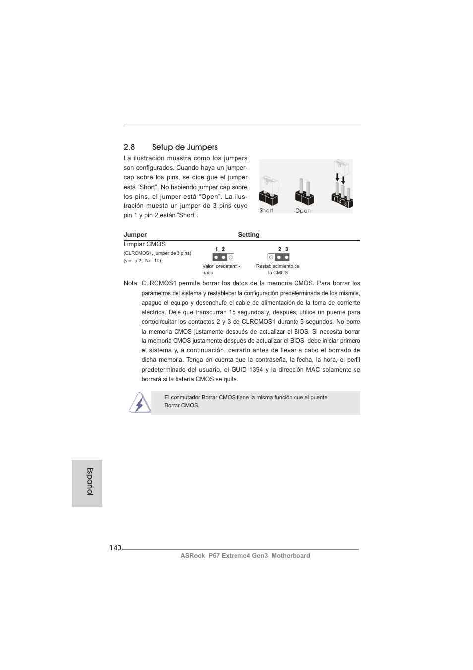 8 setup de jumpers, Español | ASRock P67 Extreme4 Gen3 User Manual | Page 140 / 304