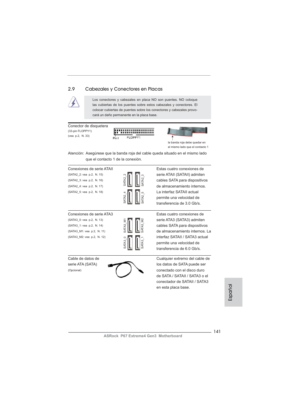 9 cabezales y conectores en placas, Español | ASRock P67 Extreme4 Gen3 User Manual | Page 141 / 304