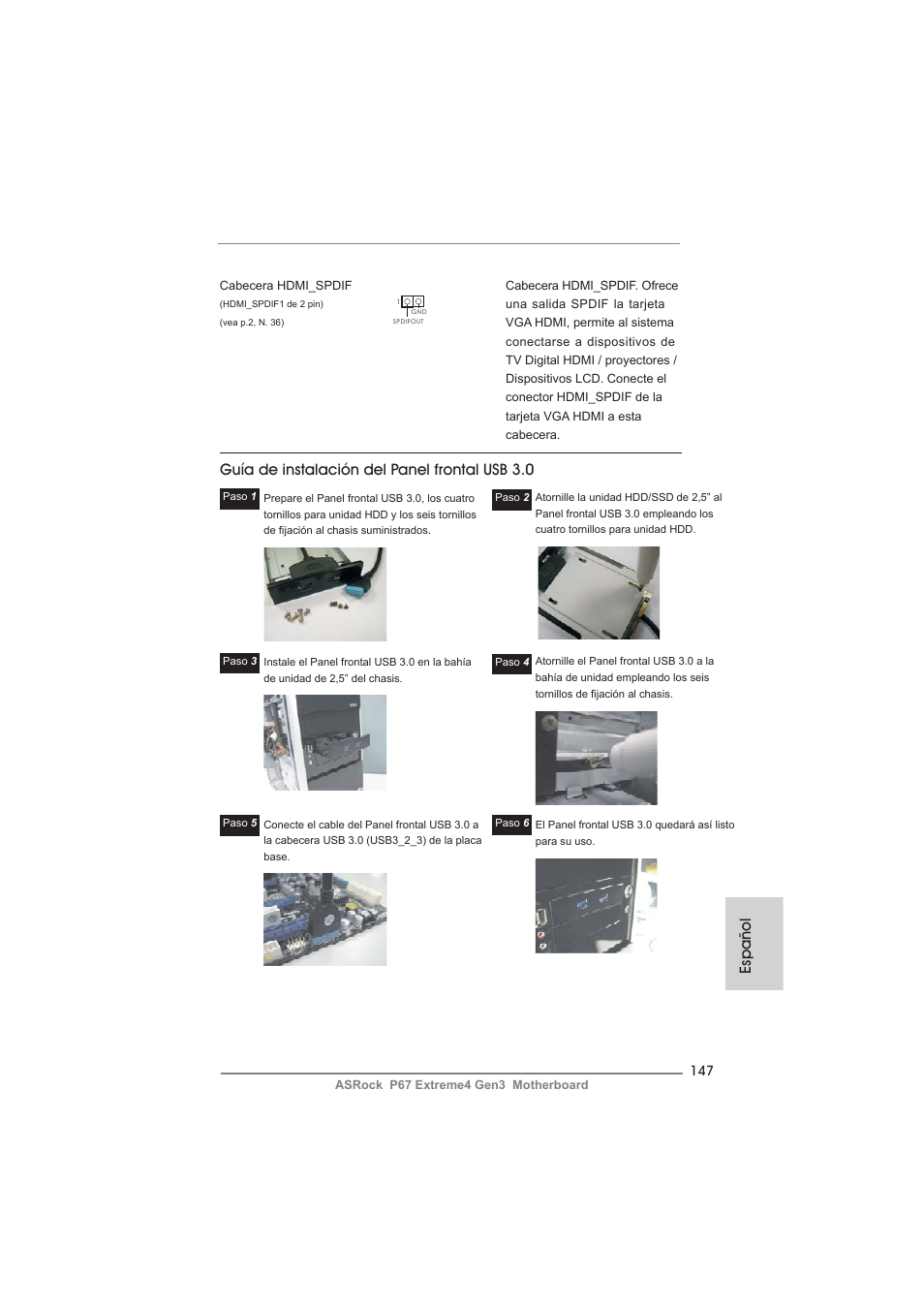 Español, Guía de instalación del panel frontal usb 3.0 | ASRock P67 Extreme4 Gen3 User Manual | Page 147 / 304