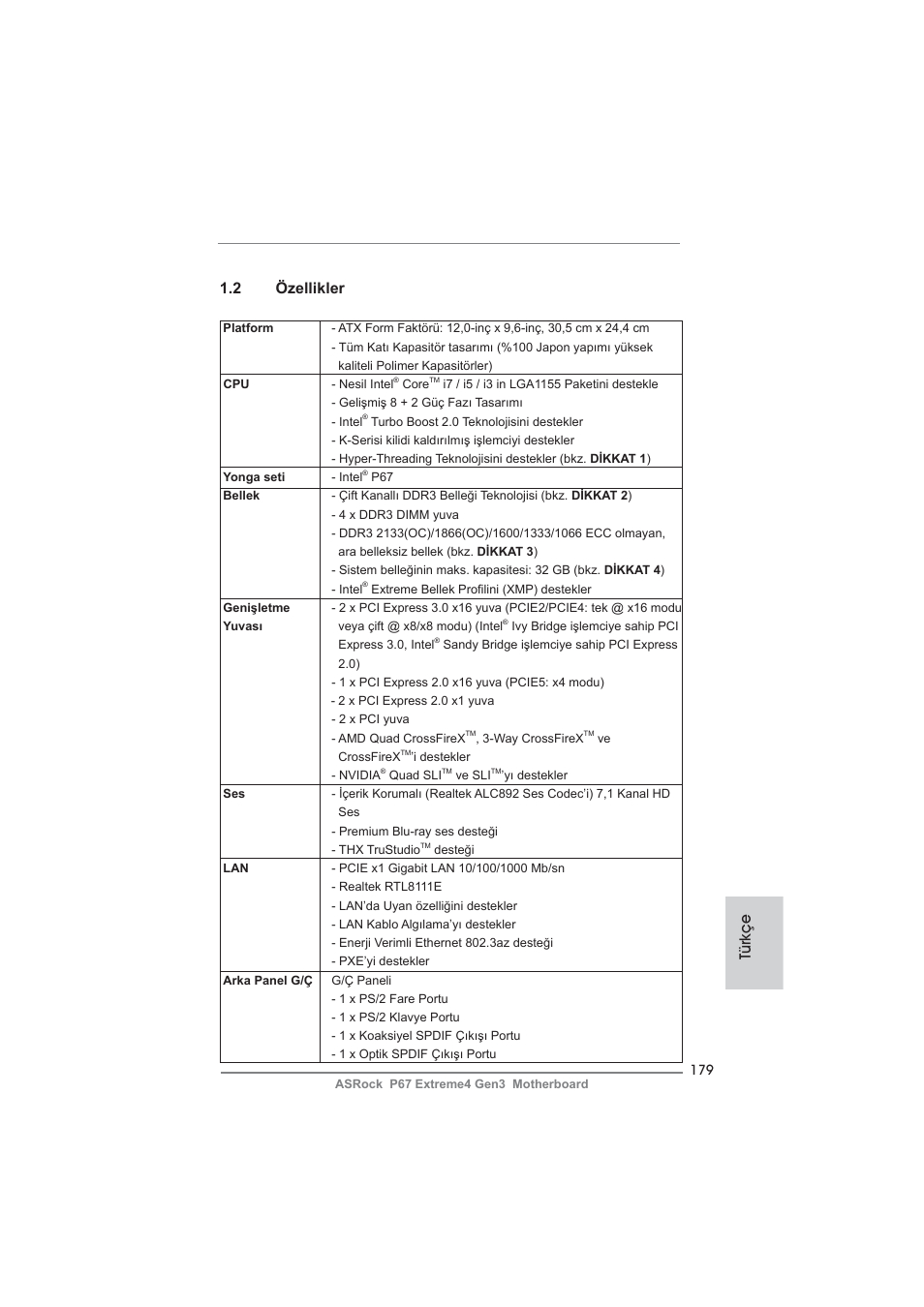 2 özellikler, Türkçe | ASRock P67 Extreme4 Gen3 User Manual | Page 179 / 304