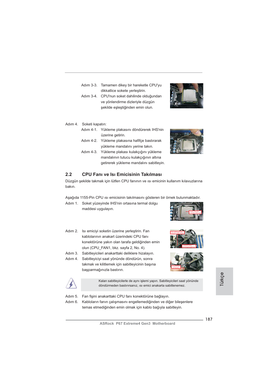 2 cpu fanı ve isı emicisinin takılması, Türkçe | ASRock P67 Extreme4 Gen3 User Manual | Page 187 / 304