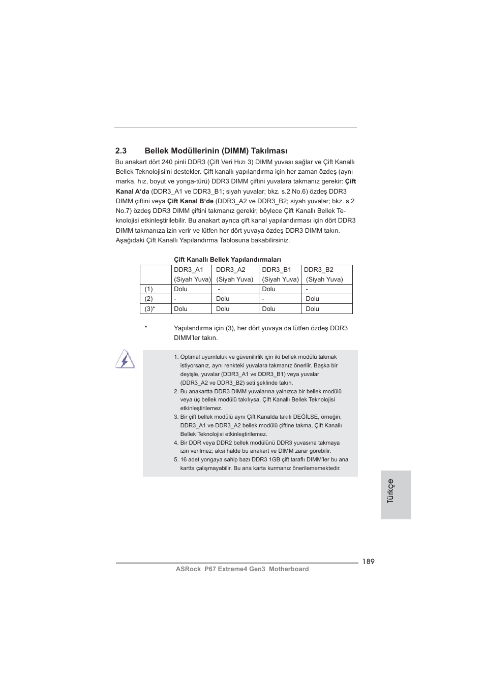 Türkçe 2.3 bellek modüllerinin (dimm) takılması | ASRock P67 Extreme4 Gen3 User Manual | Page 189 / 304