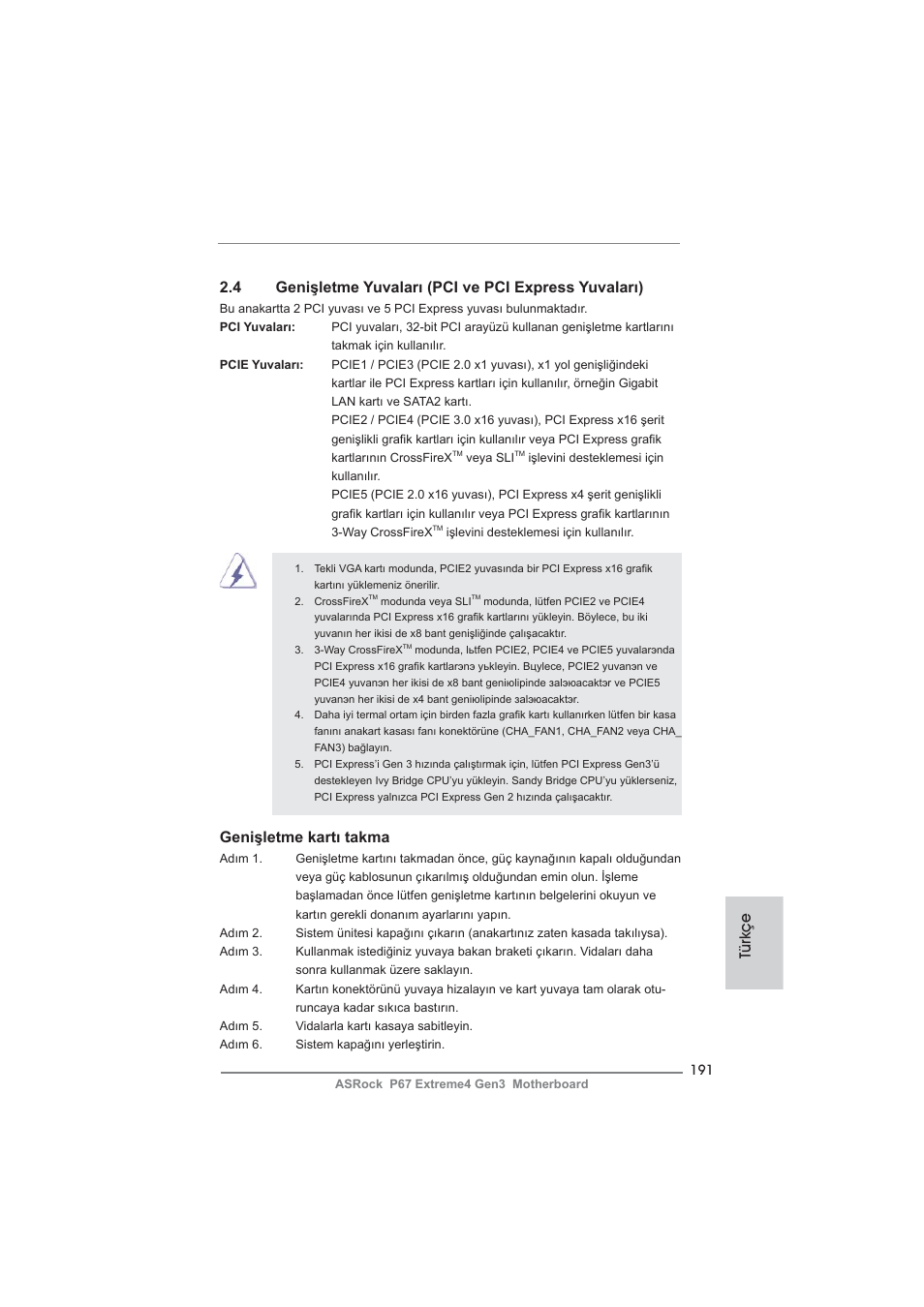 Genişletme kartı takma, Türkçe | ASRock P67 Extreme4 Gen3 User Manual | Page 191 / 304