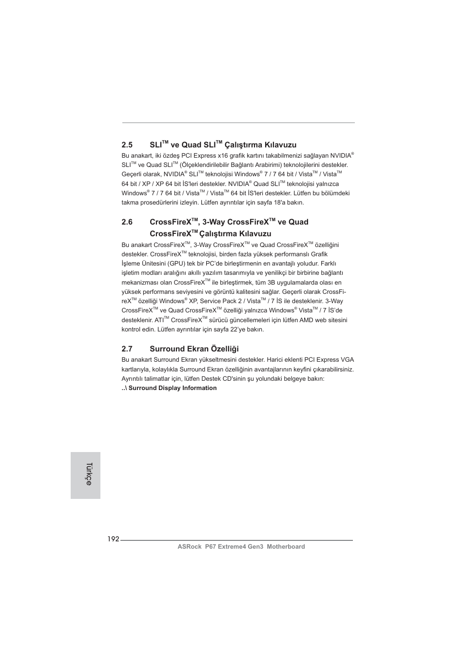 5 sli, Ve quad sli, Çalıştırma kılavuzu | 6 crossfirex, Way crossfirex, Ve quad crossfirex, 7 surround ekran özelliği, Türkçe | ASRock P67 Extreme4 Gen3 User Manual | Page 192 / 304