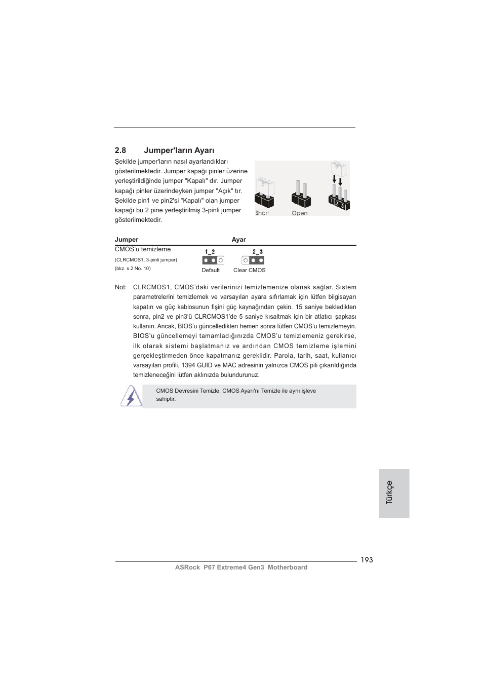 8 jumper'ların ayarı, Türkçe | ASRock P67 Extreme4 Gen3 User Manual | Page 193 / 304