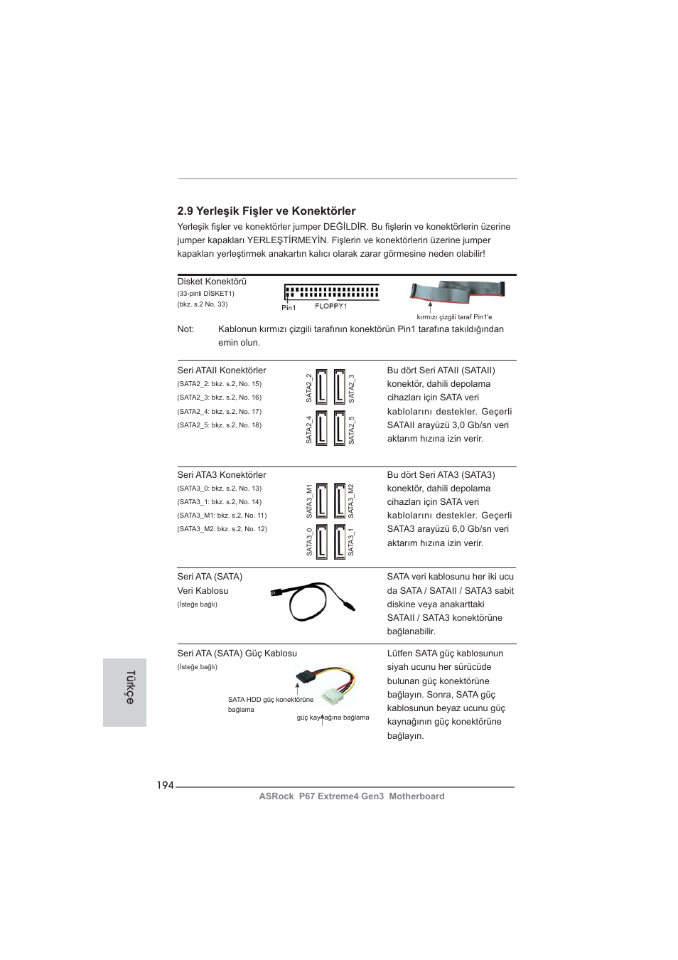 9 yerleşik fişler ve konektörler, Türkçe | ASRock P67 Extreme4 Gen3 User Manual | Page 194 / 304