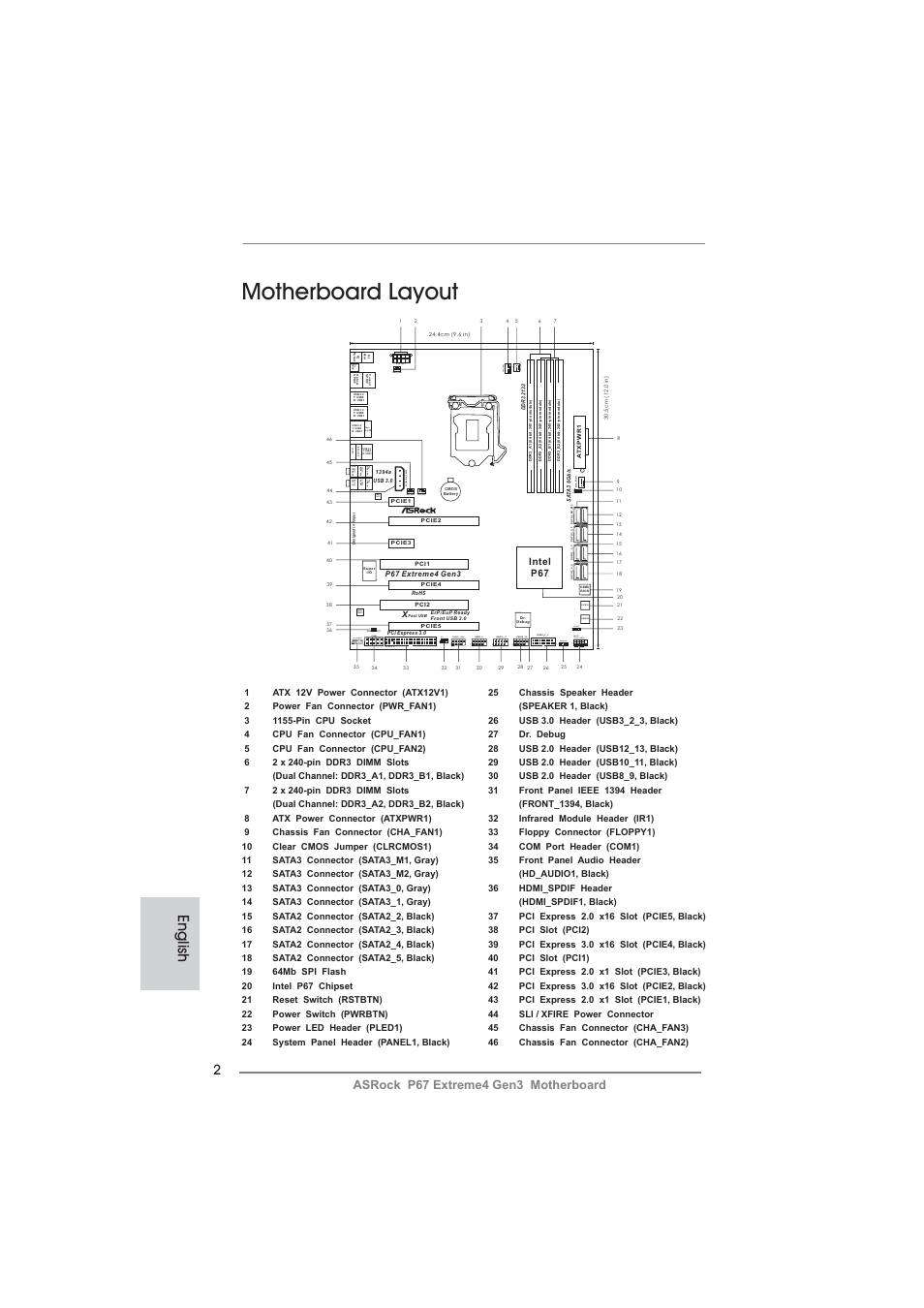 Motherboard layout, English, Clrcmos1 | Pwrbtn rstbtn, Hdled reset pled pwrbtn panel1, Speaker1 1 pled1 1, 1hd_audio1, Com1, Lan phy audio codec, Asrock p67 extreme4 gen3 motherboard | ASRock P67 Extreme4 Gen3 User Manual | Page 2 / 304