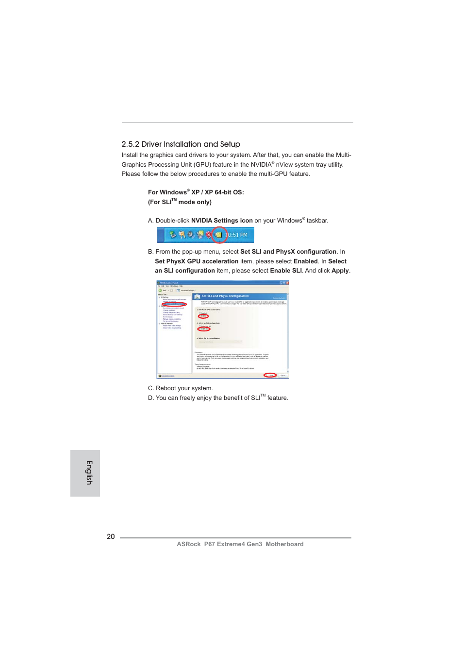 2 driver installation and setup, English | ASRock P67 Extreme4 Gen3 User Manual | Page 20 / 304