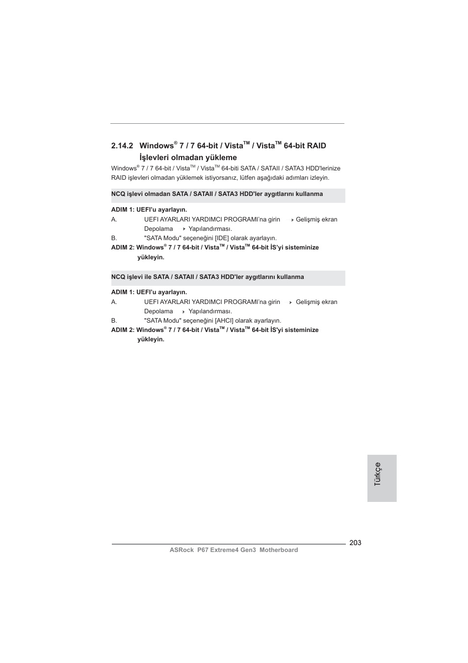 2 windows, 7 / 7 64-bit / vista, Vista | Bit raid işlevleri olmadan yükleme, Türkçe | ASRock P67 Extreme4 Gen3 User Manual | Page 203 / 304