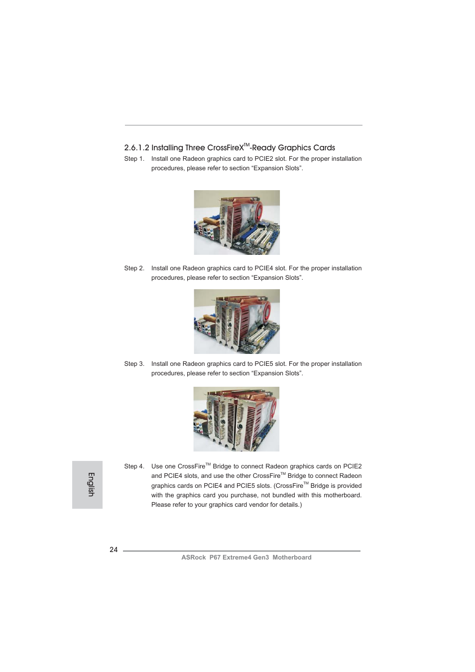 2 installing three crossfirex, Ready graphics cards, English | ASRock P67 Extreme4 Gen3 User Manual | Page 24 / 304